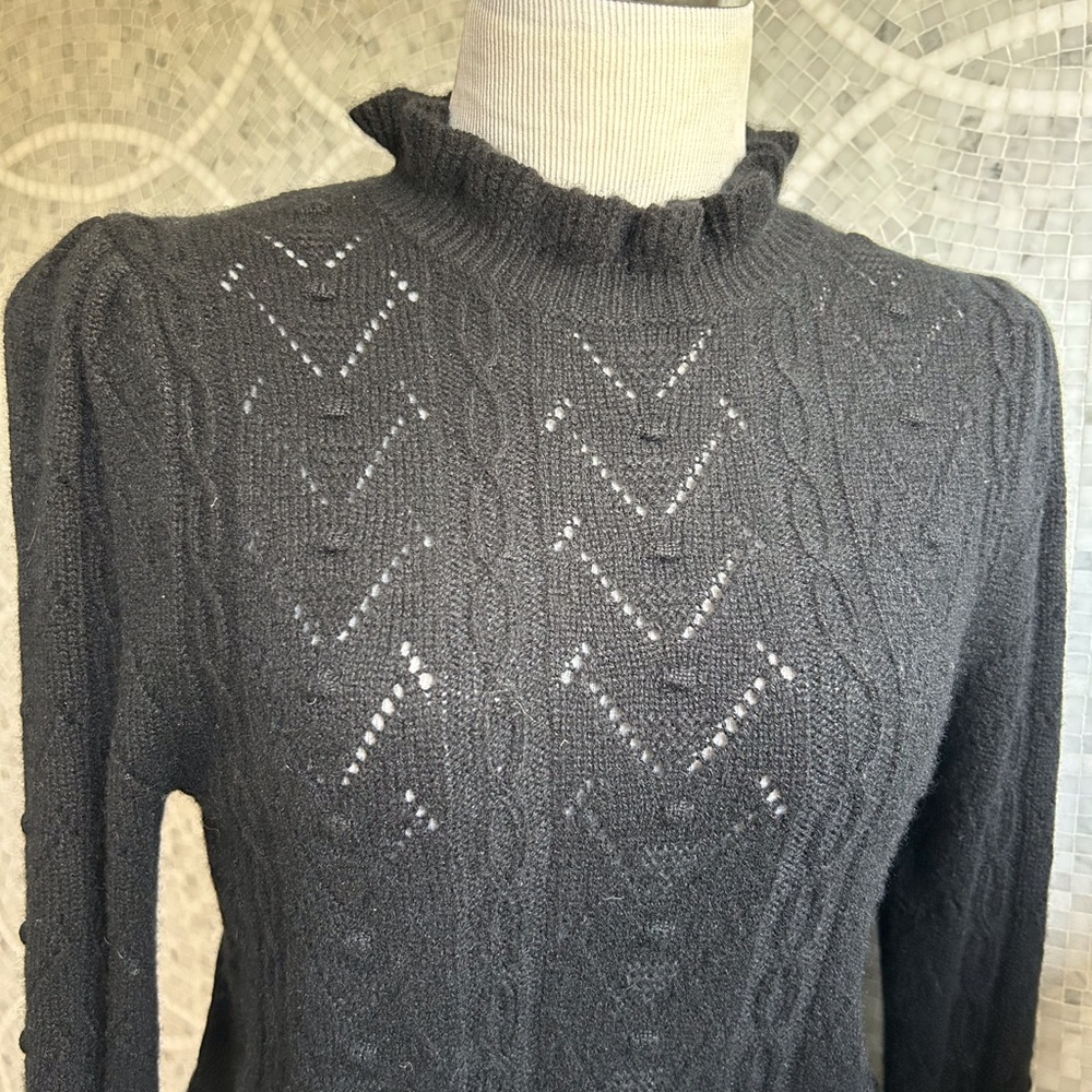 Aqua Black Cowl Neck Sweater with Intricate Knit Pattern